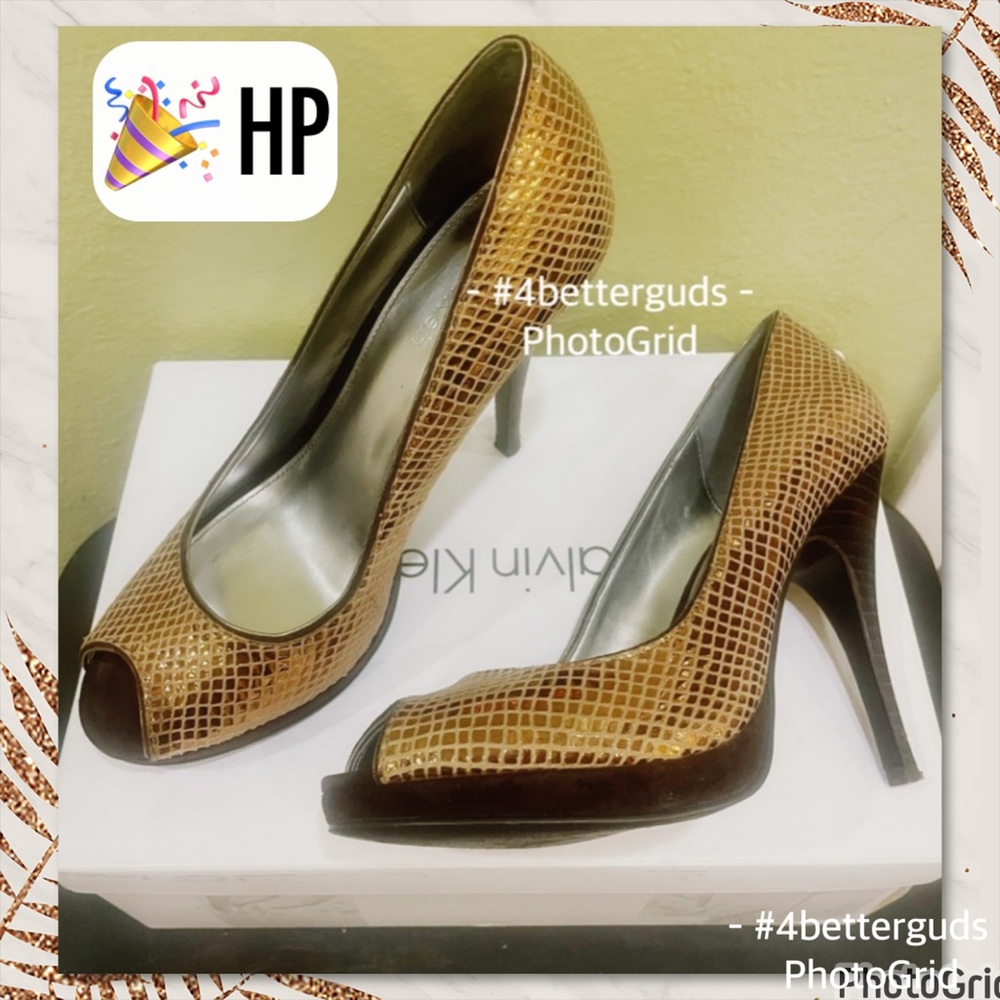 Calvin Klein Pari Snakeskin Reptile Shiny Metallic Platform Peep Toe Stiletto 6M
